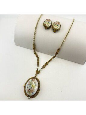 Vintage West Germany Necklace Earring Set Floral Painted Porcelain Rhinestone